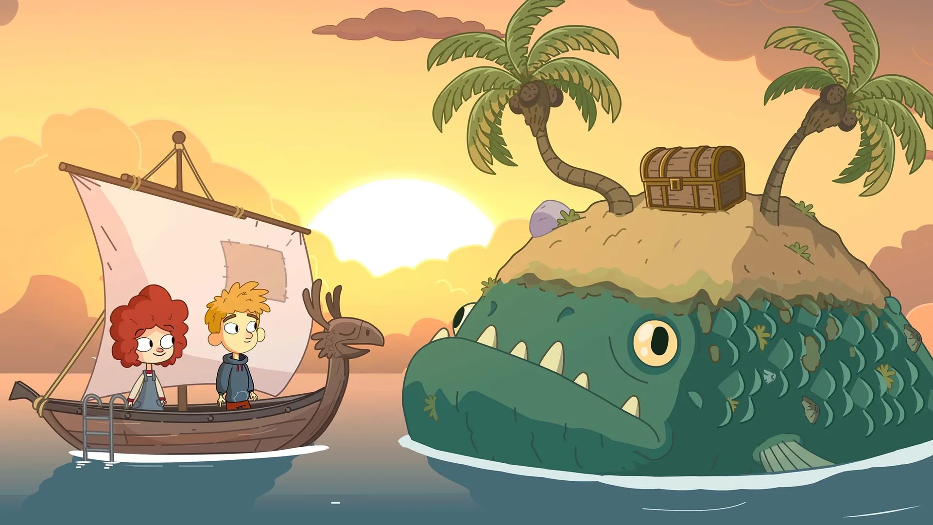 Fotogramma di Lost in Play: due fratelli in barca a vela davanti a un'isola-pesce al tramonto