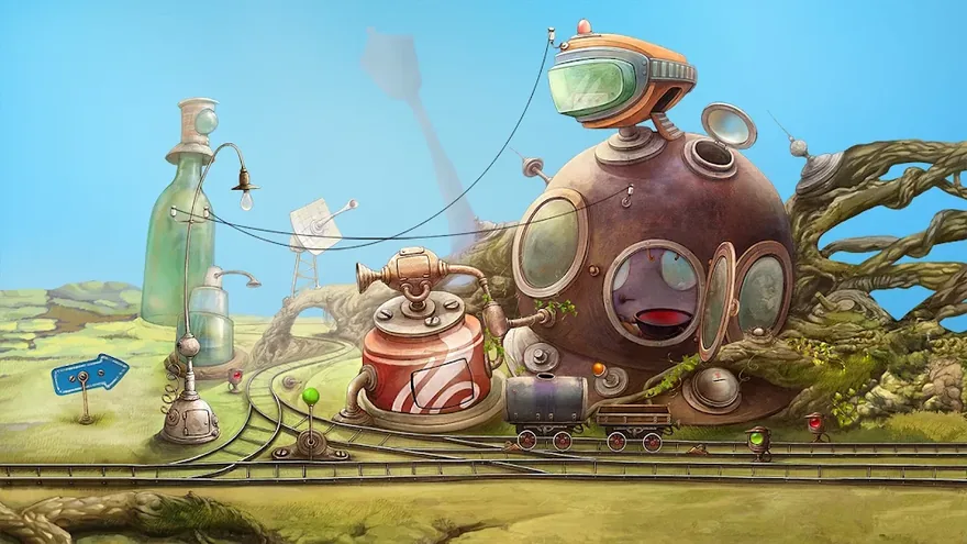 Schermata di The Tiny Bang Story: un paesaggio steampunk disegnato a mano con una casa rotonda, un trenino e una bottiglia gigante