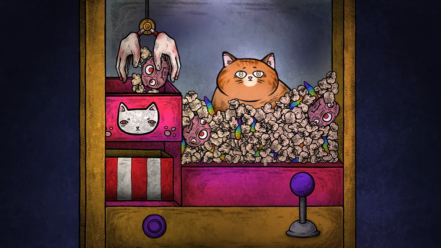 Cat Museum — un gatto arancione seduto dentro una macchina acchiappa-peluche disegnata a mano