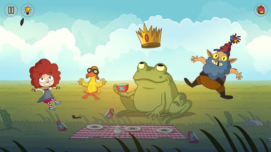 Lost in Play: un picnic in un prato con una rana gigante, un goblin e la sorella protagonista