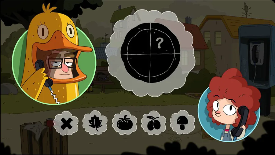 Lost in Play: due personaggi al telefono, con simboli di frutta e foglie da scegliere